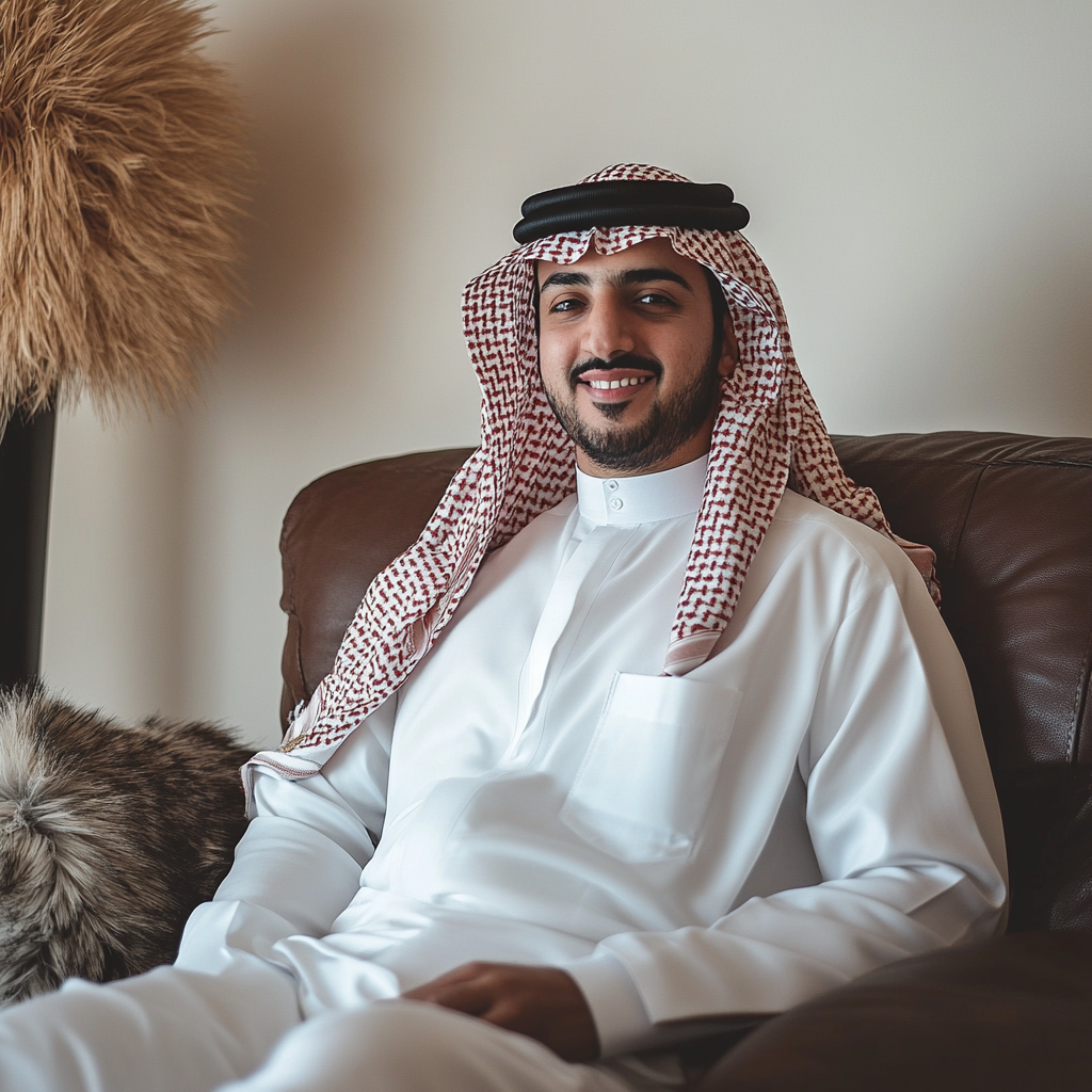 Man in Saudi attire seated on leather sofa smiling.