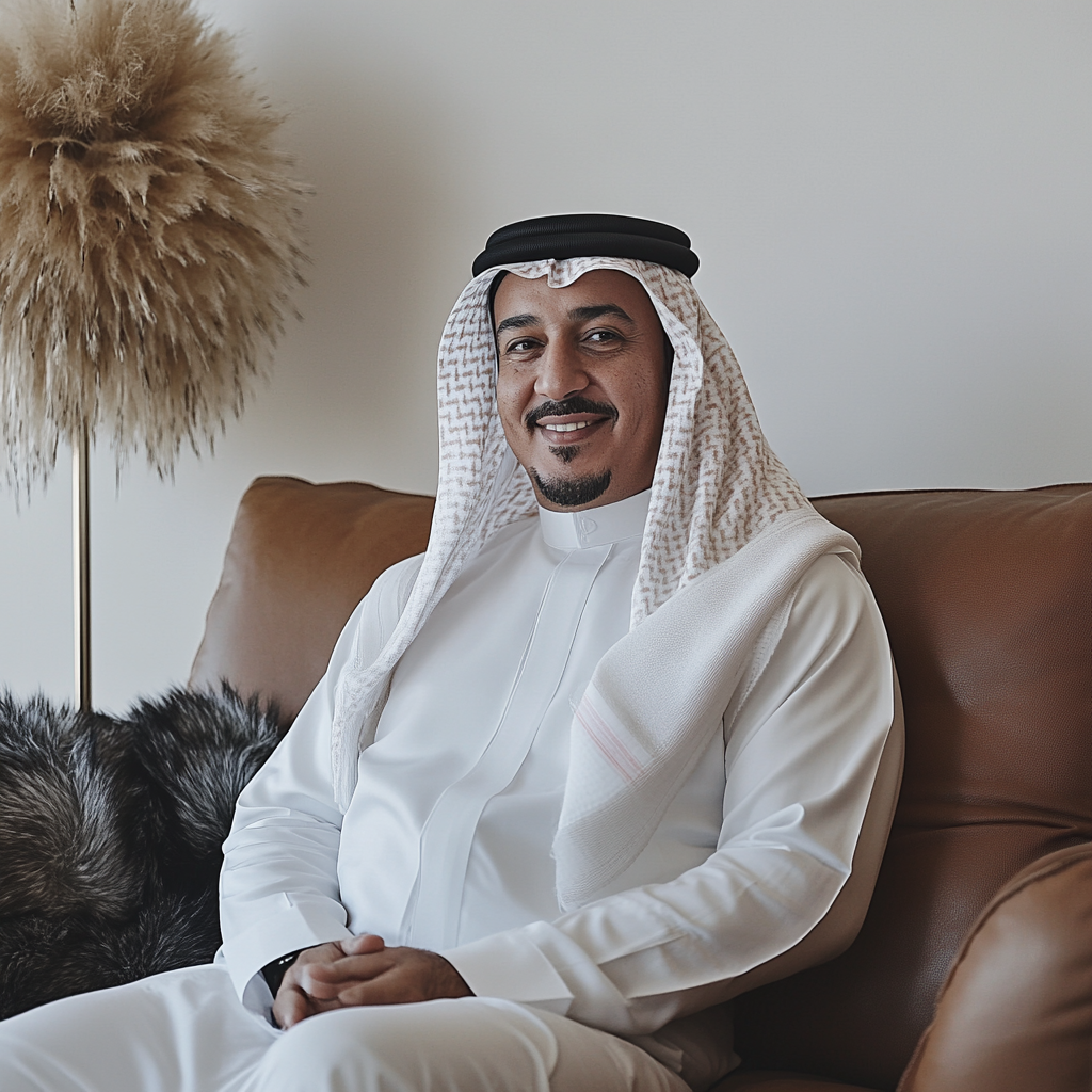 Man in Saudi attire smiling on brown leather sofa.