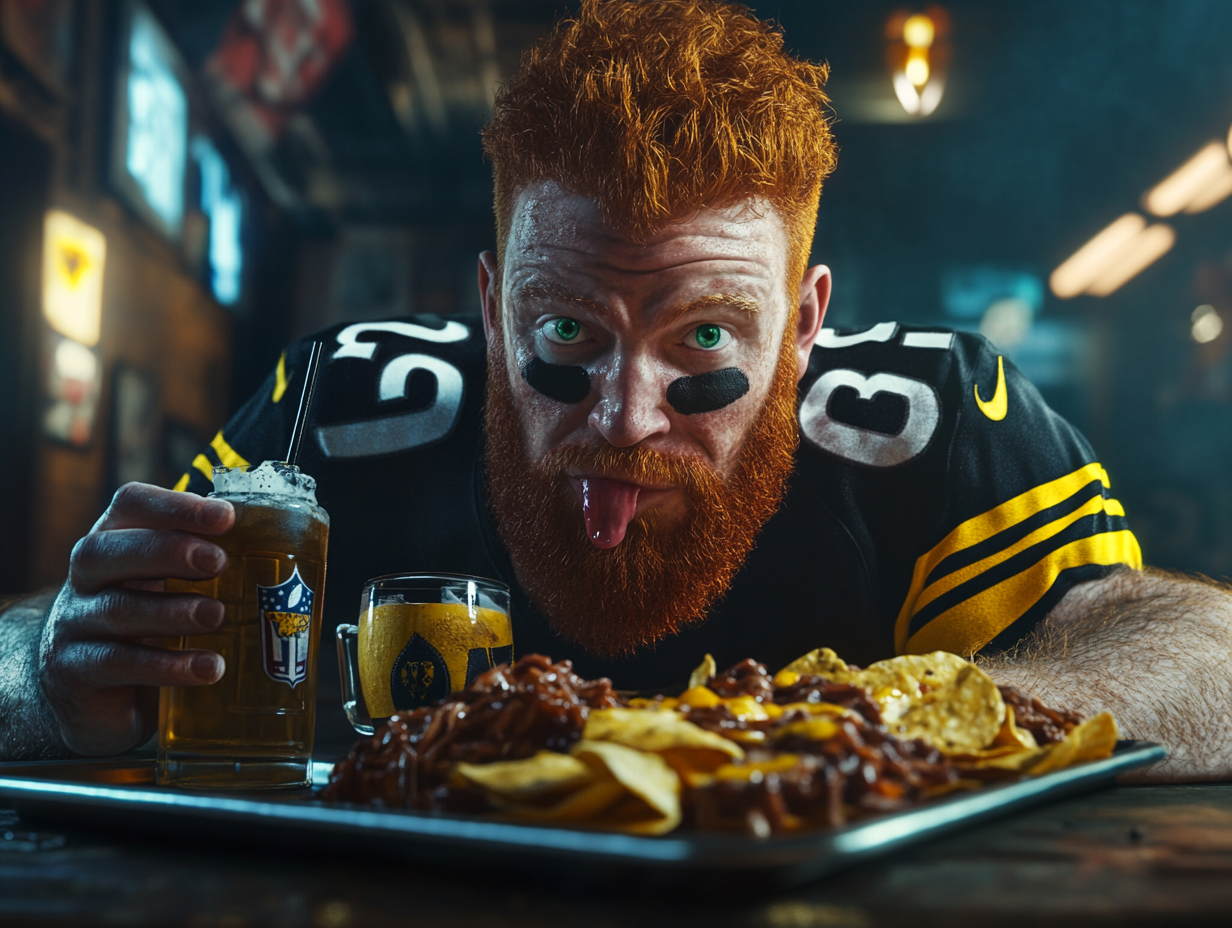 Man in Steelers jersey with beard eating nachos angrily.