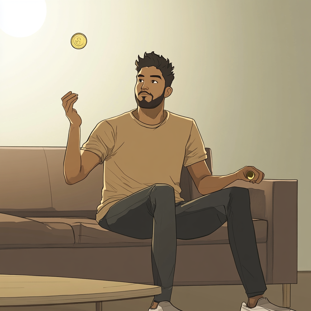 Man in T-shirt and jeans flipping coin on couch.