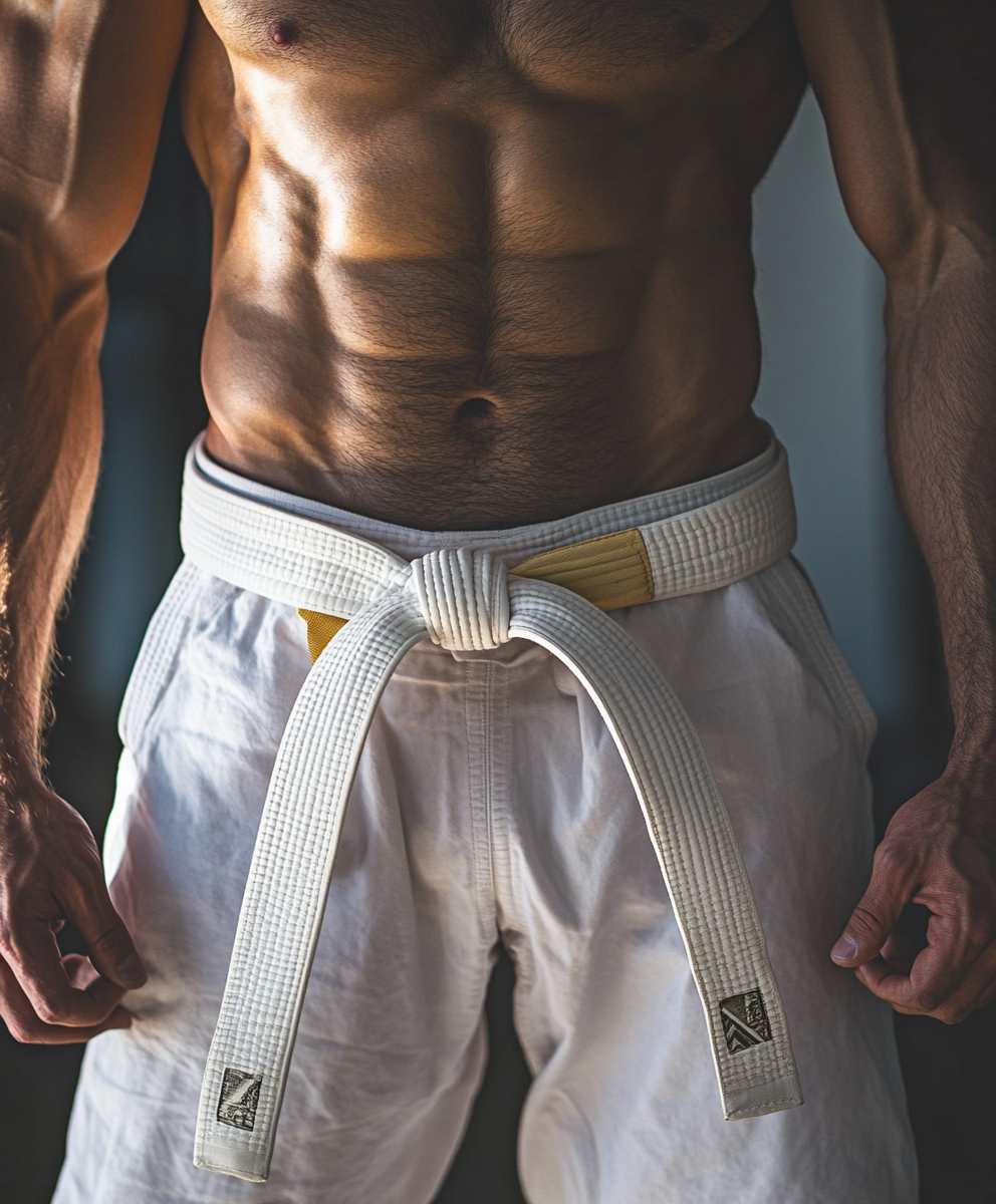 Man in White Belt and Board Shorts, Low Angle View