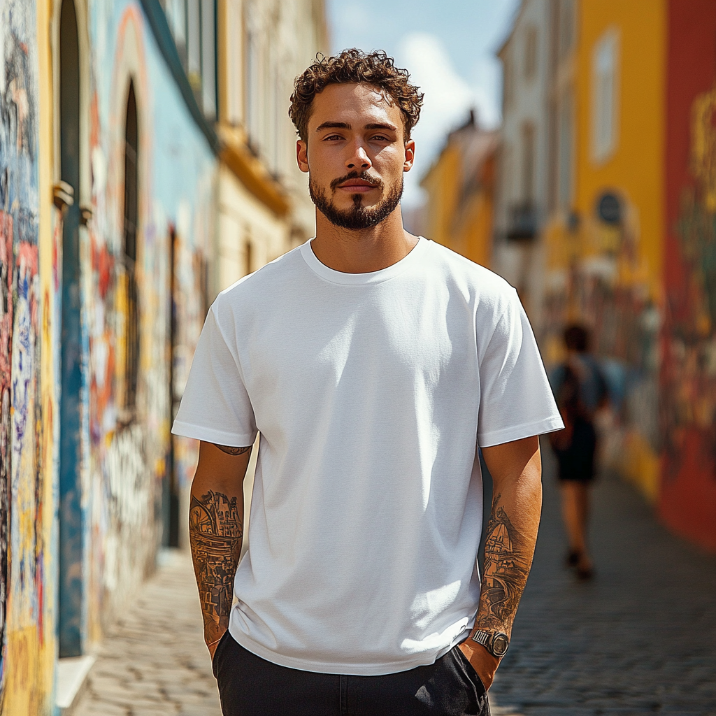 Man in White T-Shirt on Urban Street