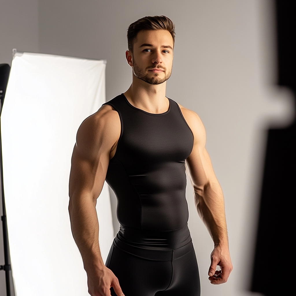 Man in black compression tank, slightly overweight, hunched forward.