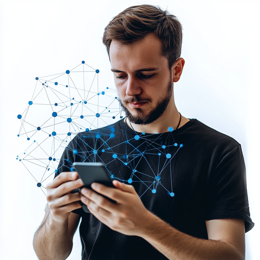 Man in black shirt holding phone with blue neural network.