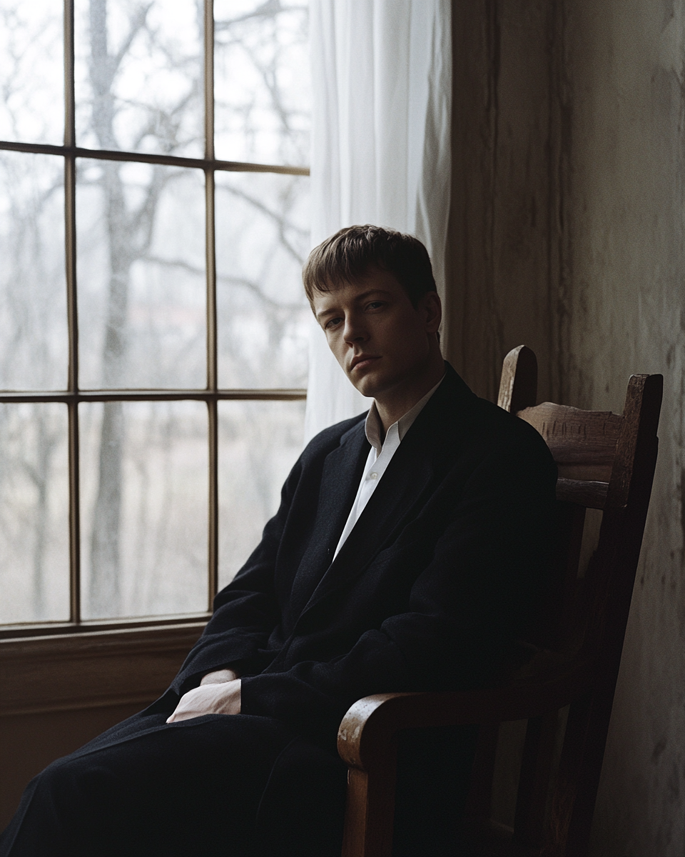 Man in black suit sitting by window in old home.