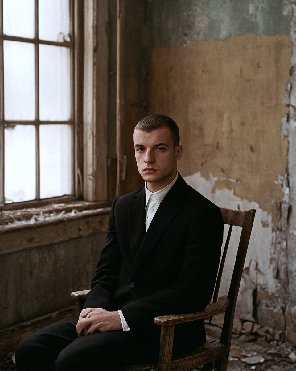 Man in black suit sitting in old home.