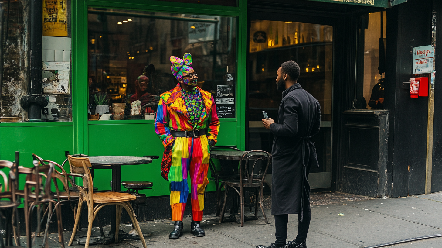 Man in black talks to colorful New York man.