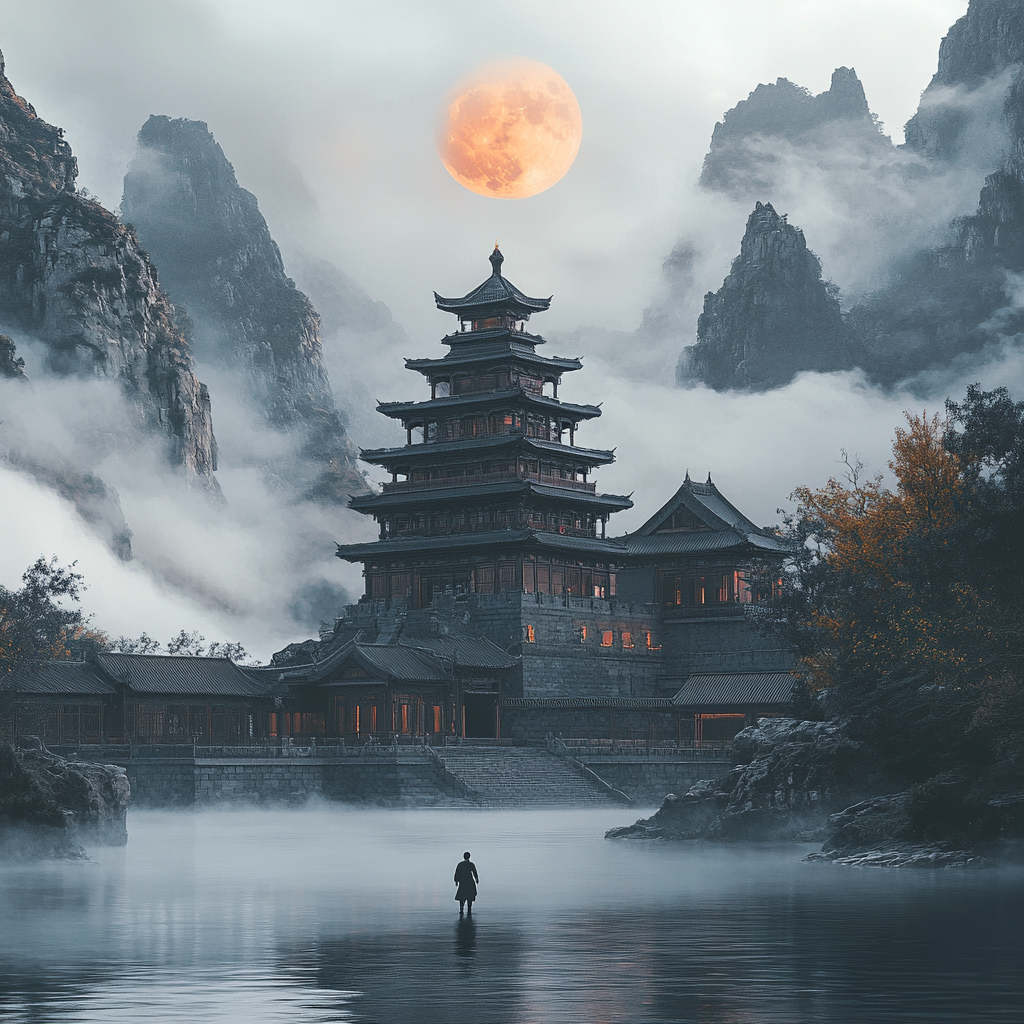 Man in black tights walks to ancient Chinese-style building, surrounded by clouds and mist, orange moon.