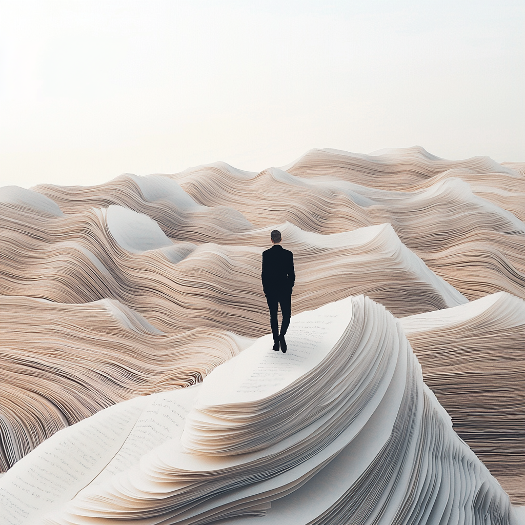 Man in black walking on book pages in desert.