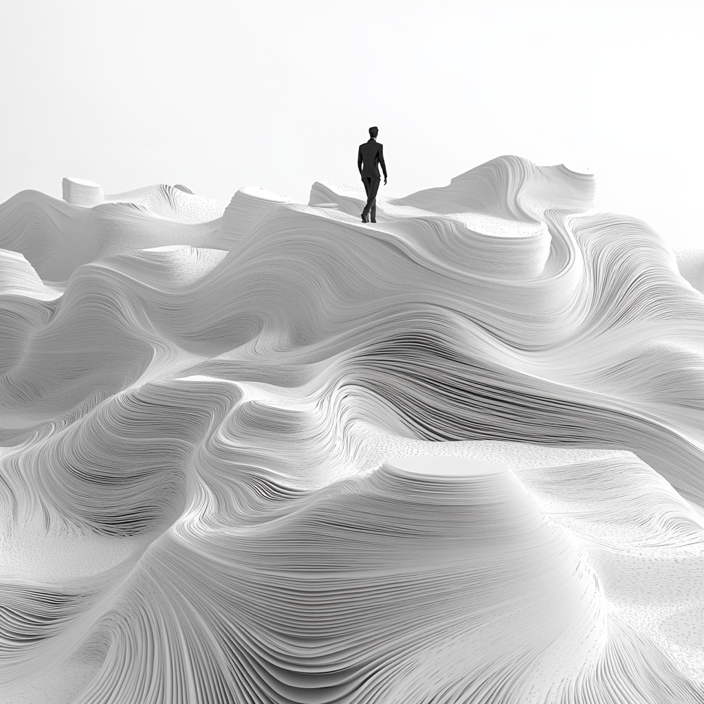 Man in black walks on body pages in desert.