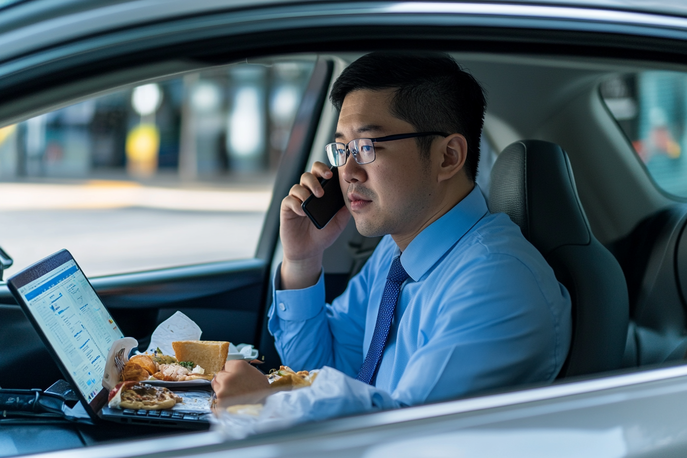 Man in blue shirt talking on phone in car.