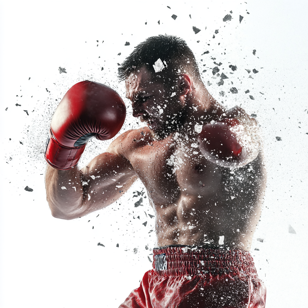 Man in boxing glove hits screen, bits flying.