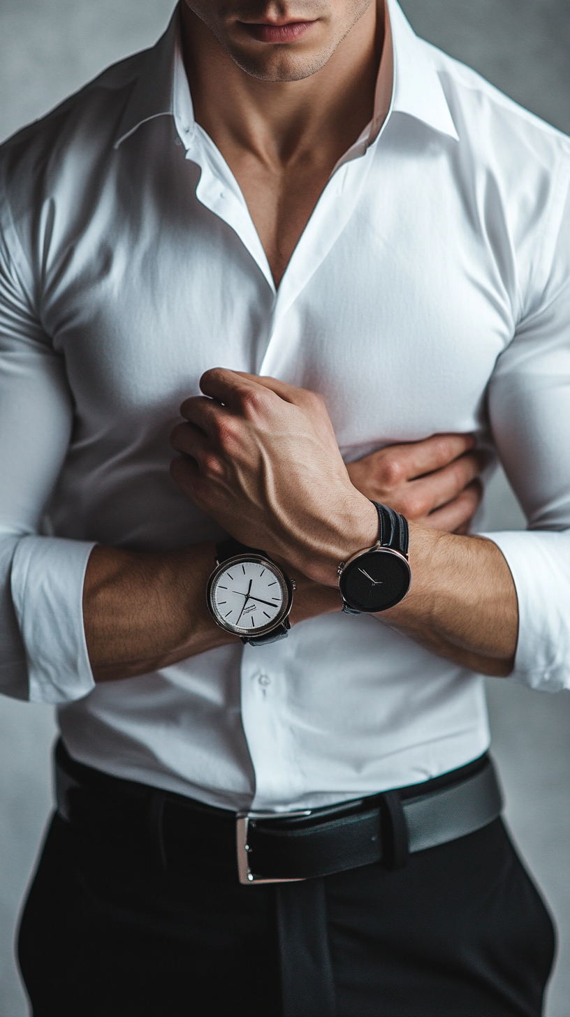 Man in business attire with expensive watch. Muscular. Detailed features.