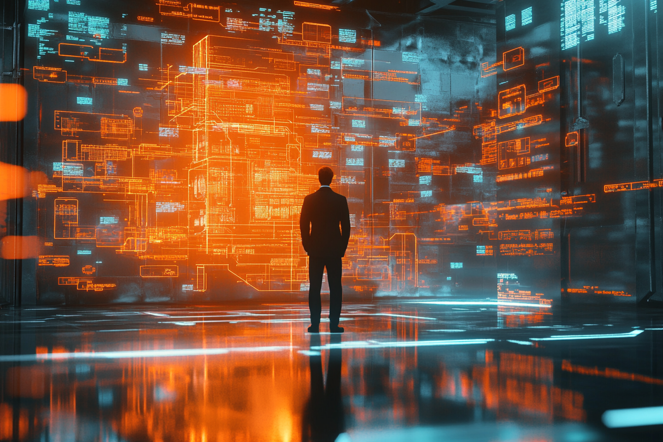 Man in business suit in futuristic room with data panels.