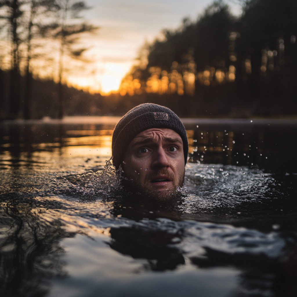 Man in cold lake at sunrise, holding camera.