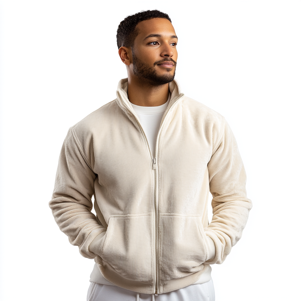 Man in cream corduroy jacket in studio with white background.