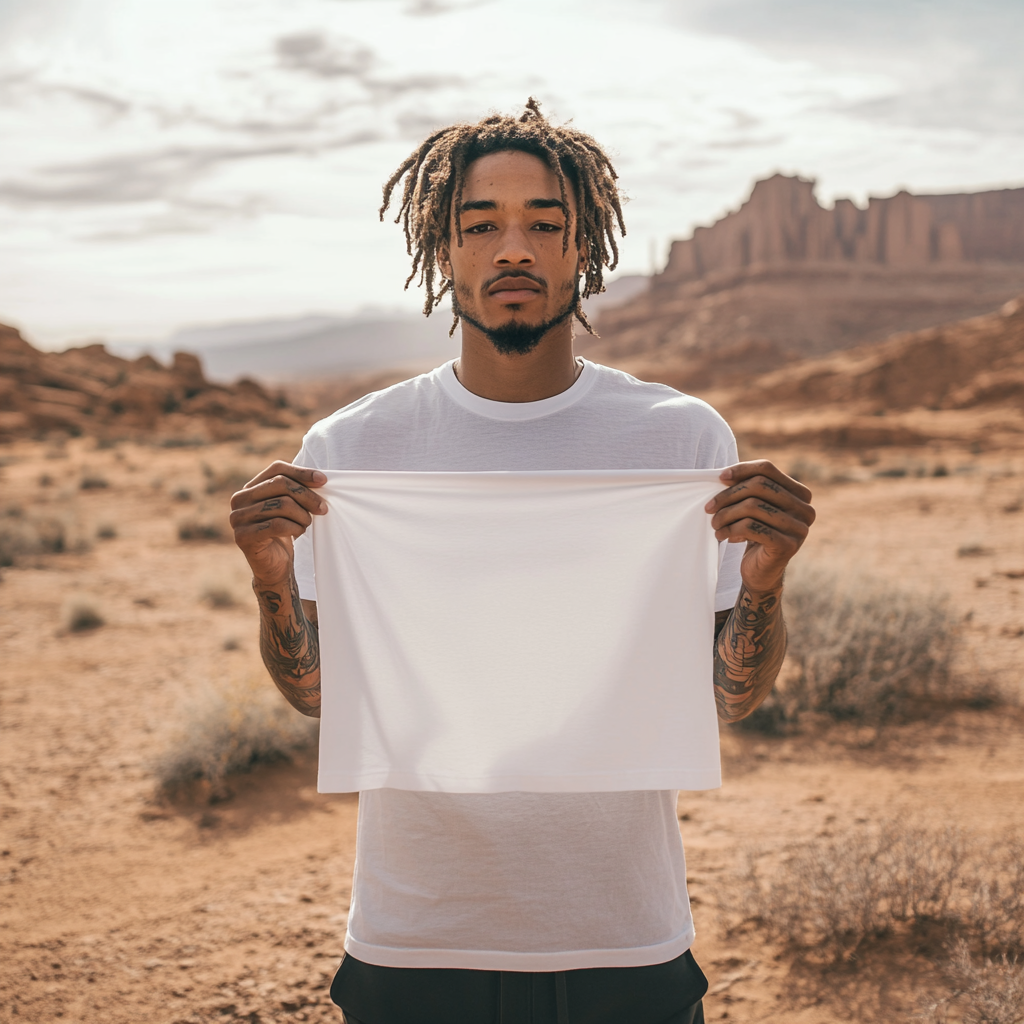 Man in desert holding white t-shirt, serious expression.