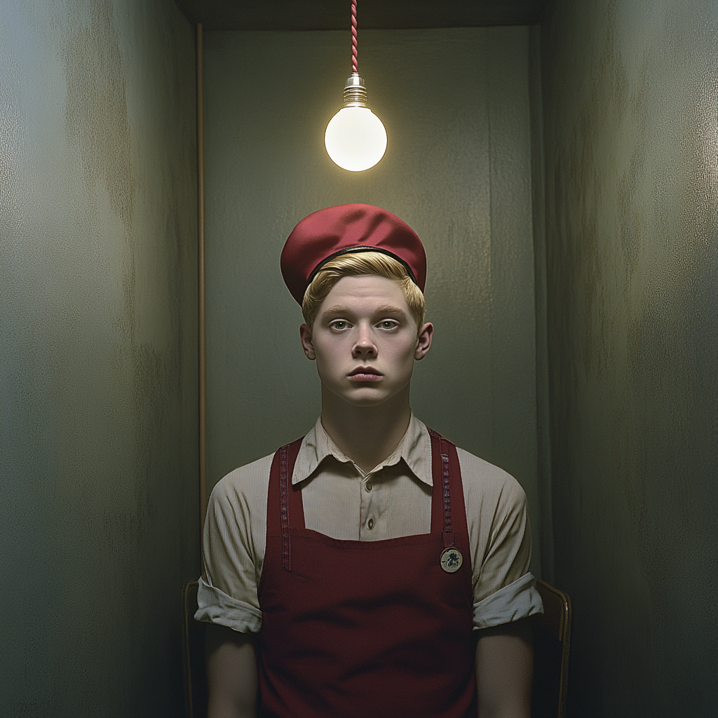 Man in diner uniform and jester hat in room.