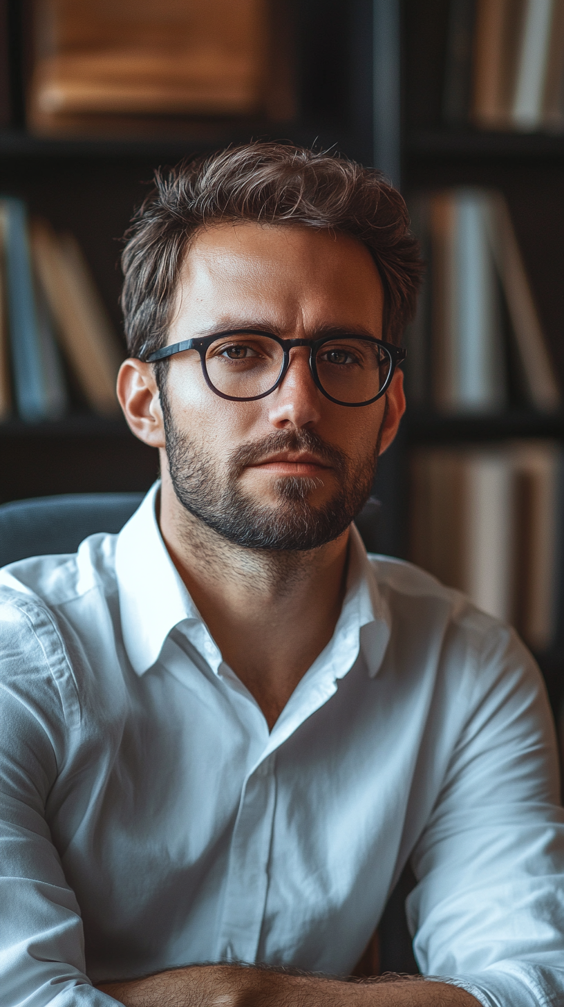 Man in fancy office ignoring blurred people. Captures selfishness impact.