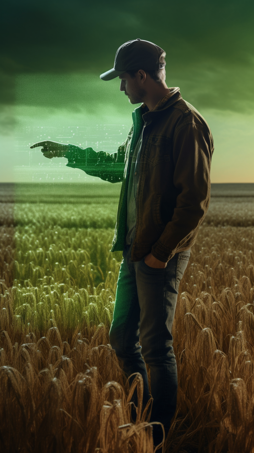 Man in field with glowing green agricultural data display