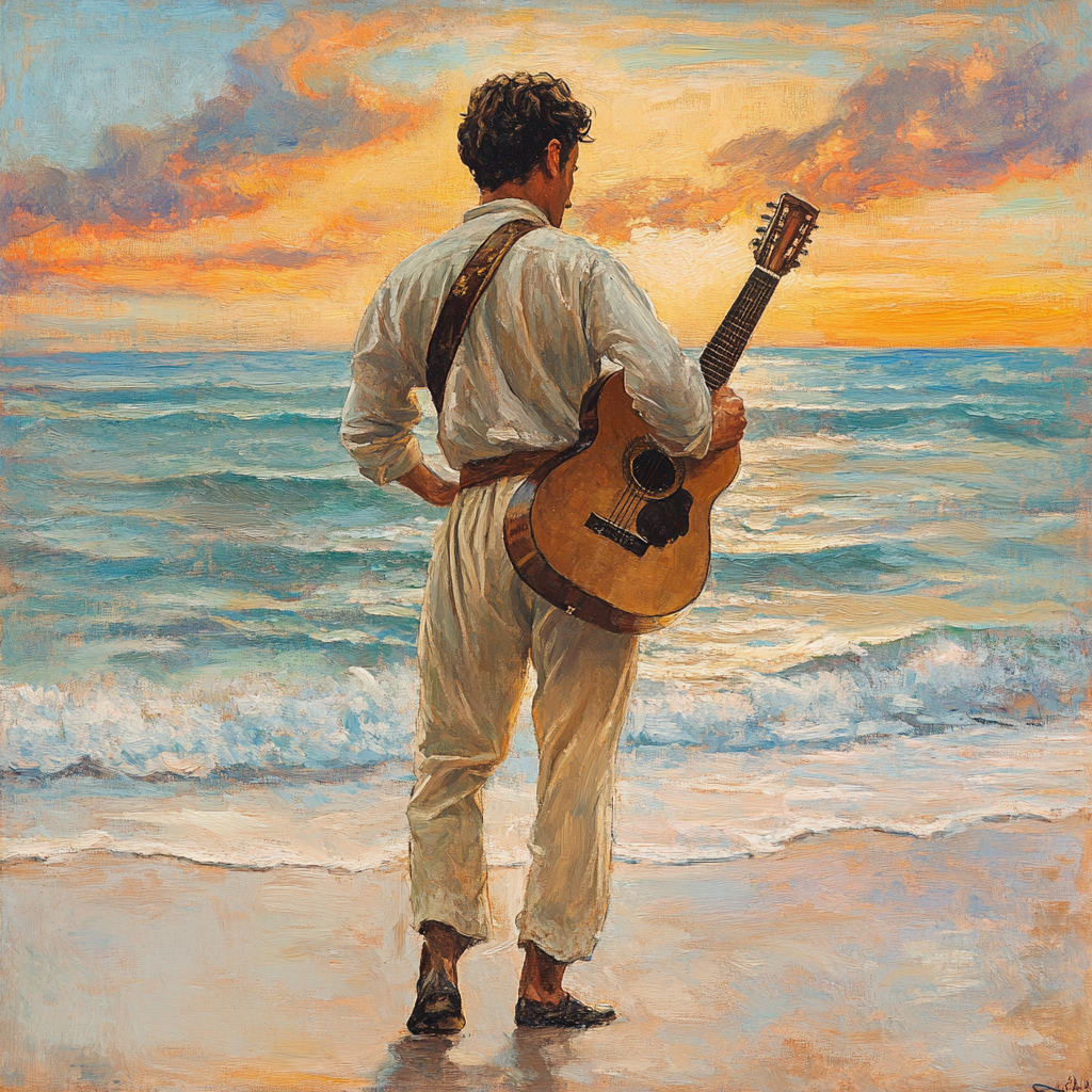 Man in flamenco outfit with guitar at beach sunset.