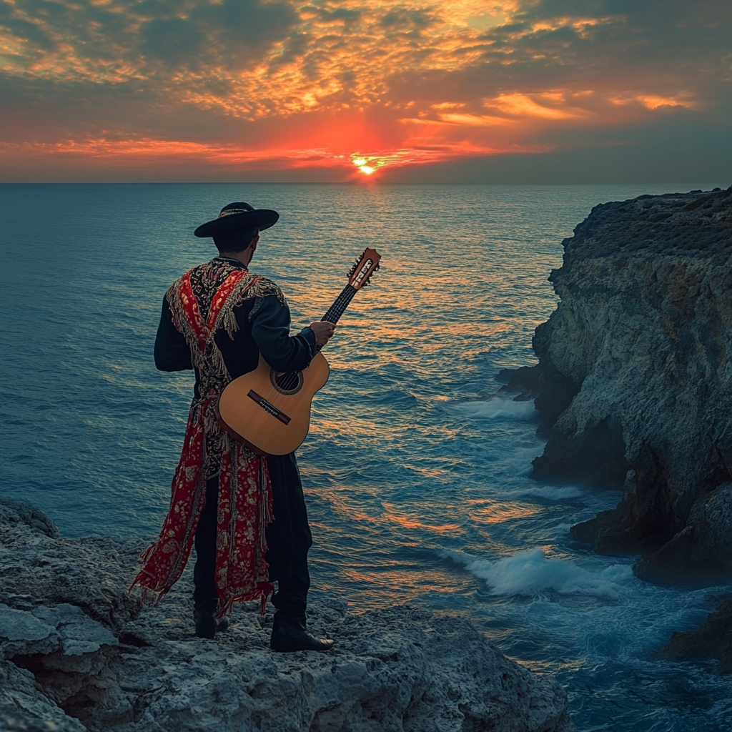 Man in flamenco outfit with guitar standing on cliff.