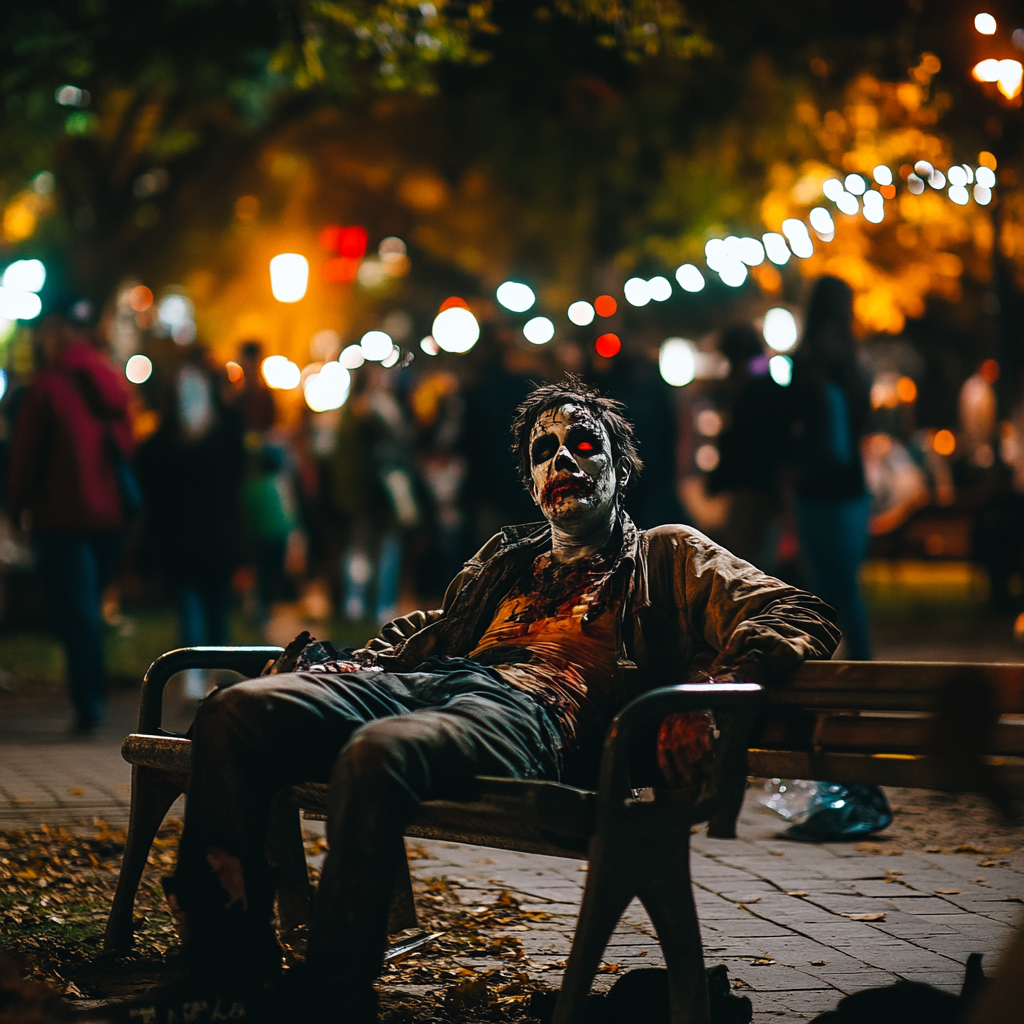 Man in funny zombie Halloween costume at party