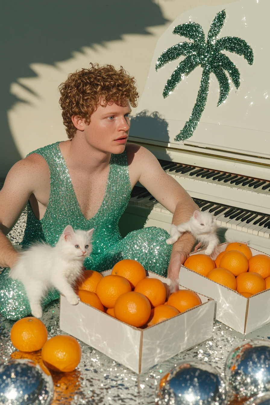 Man in green dress, kittens play with chrome balls.