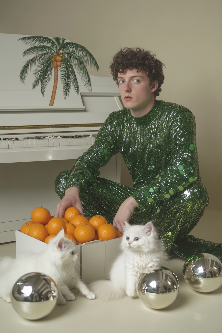 Man in green dress, unpacking oranges, kittens, shiny balls piano.