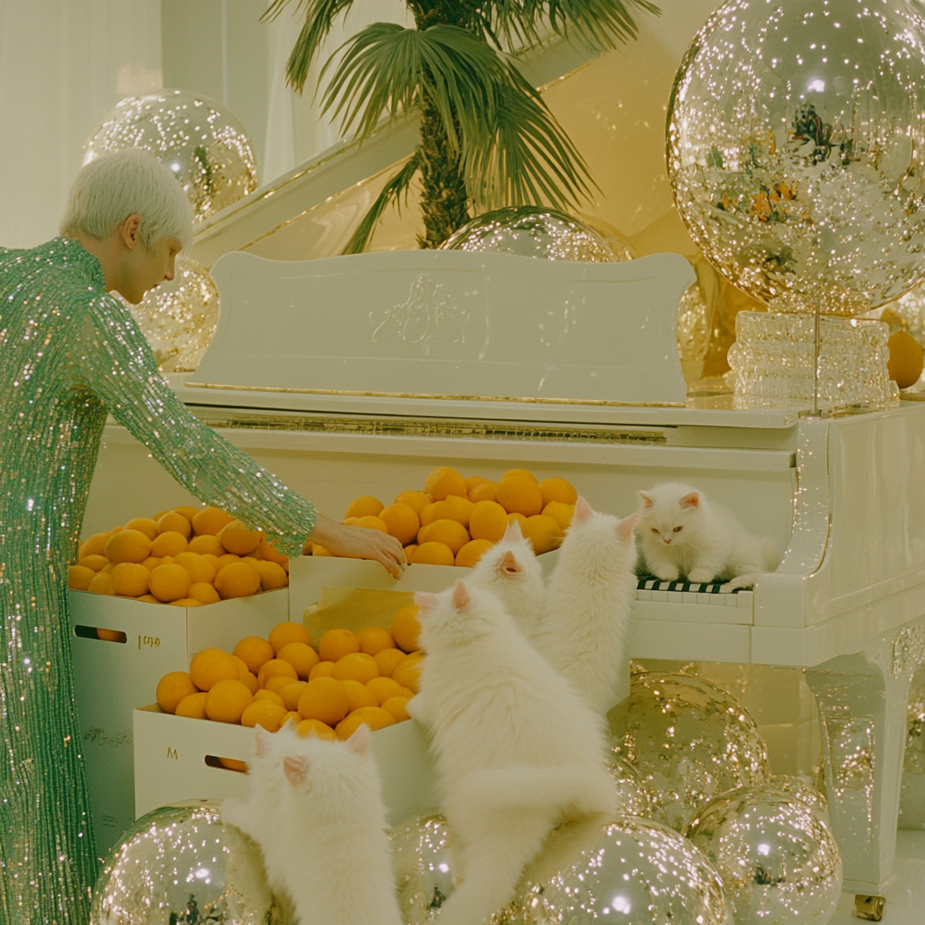 Man in green dress unpacking oranges, kittens play with balls.