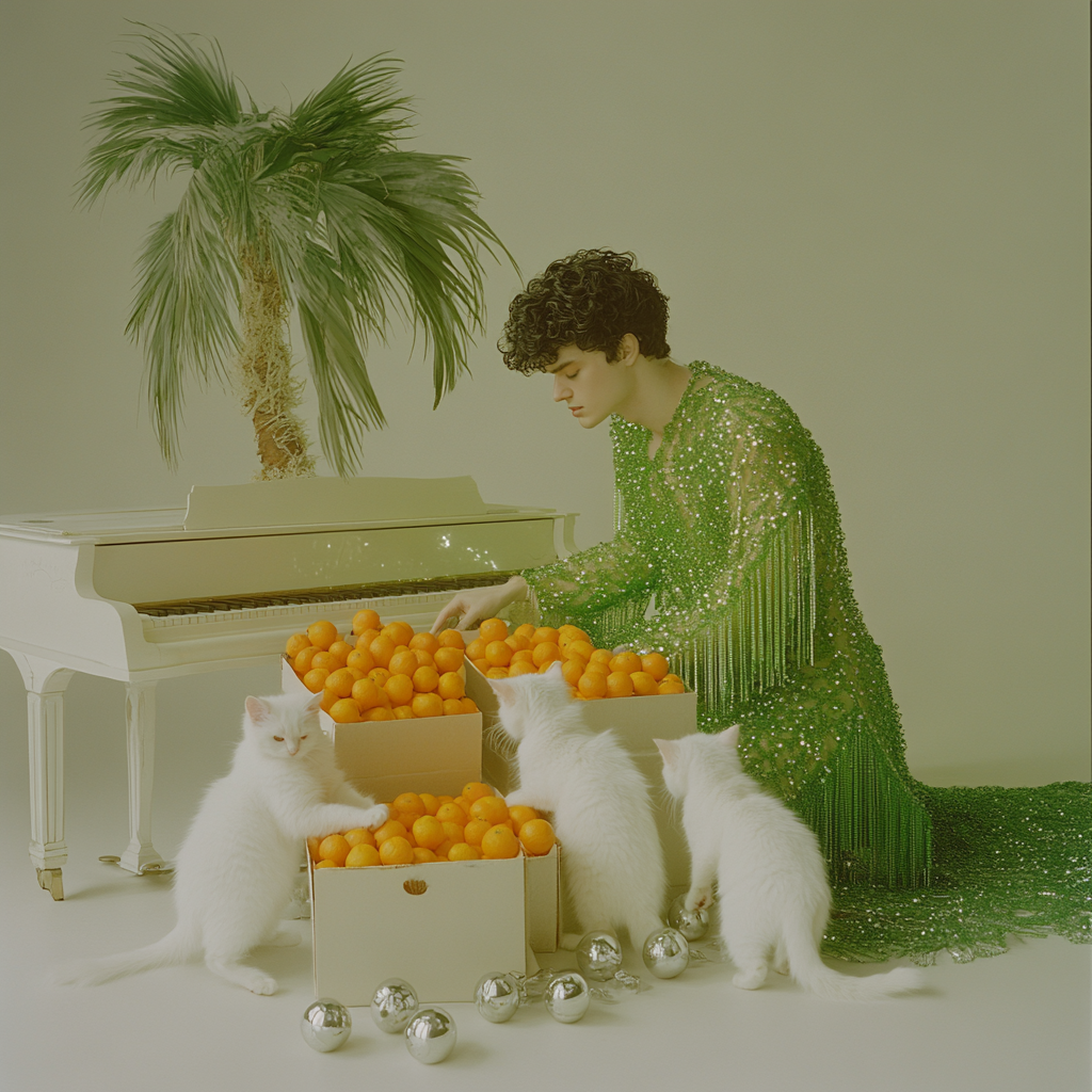 Man in green dress unpacking oranges with fluffy kittens.