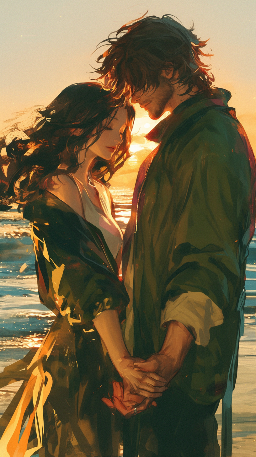 Man in green jacket holds woman's hand on beach.