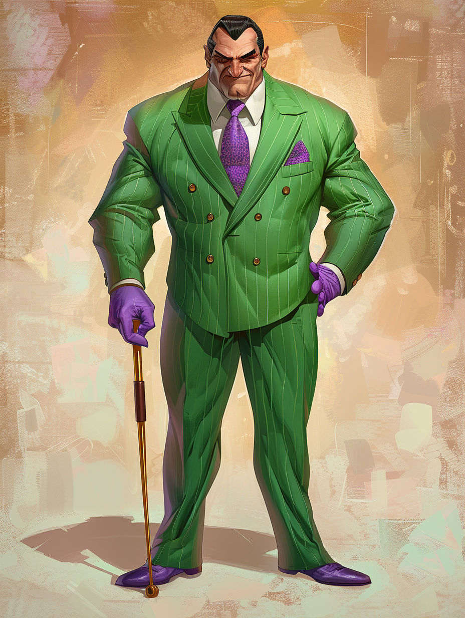 Man in green suit with purple tie and accessories.