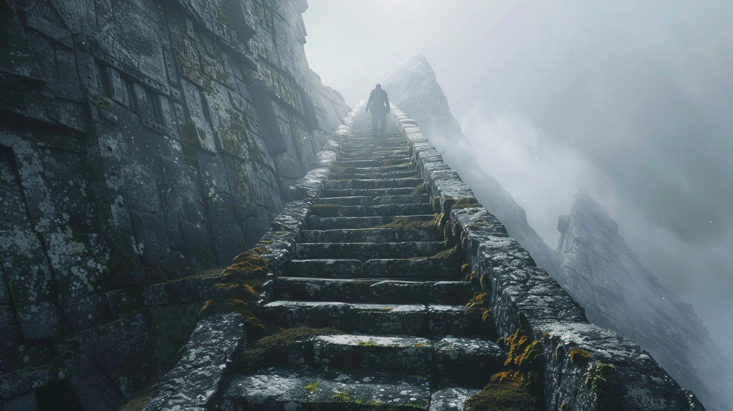 Man in hiking gear climbing steep stone stairs, mountain landscape.