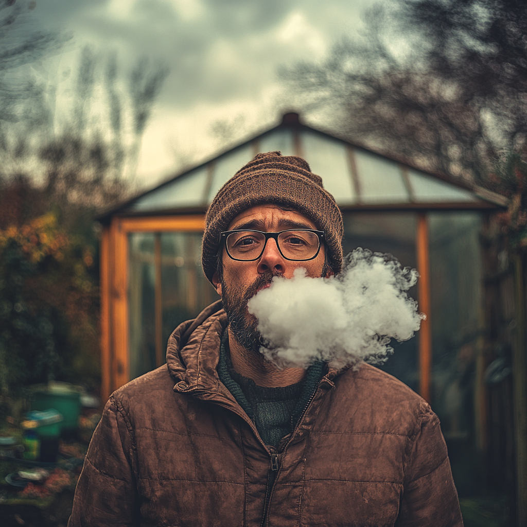 Man in his 30s in backyard blowing smoke cloud.