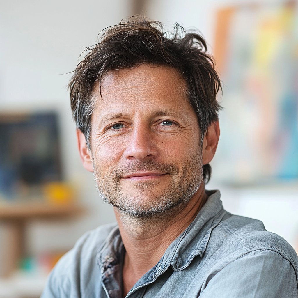 Man in his early 40s, wavy dark hair, artist portrait.