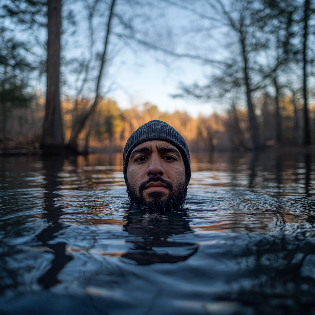 Man in lake, cold, holding camera, sunrise, trees.