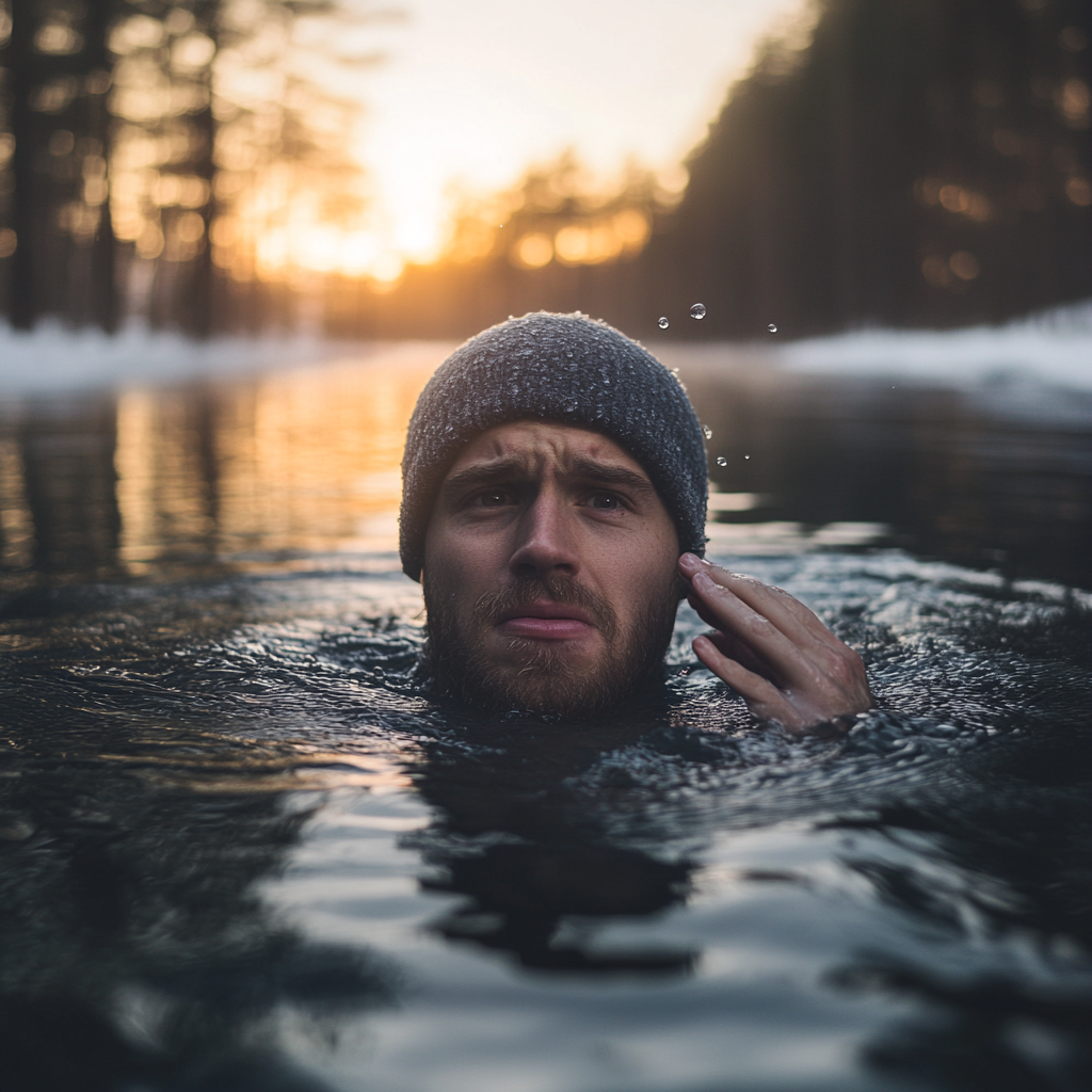 Man in lake at sunrise, struggling in cold.