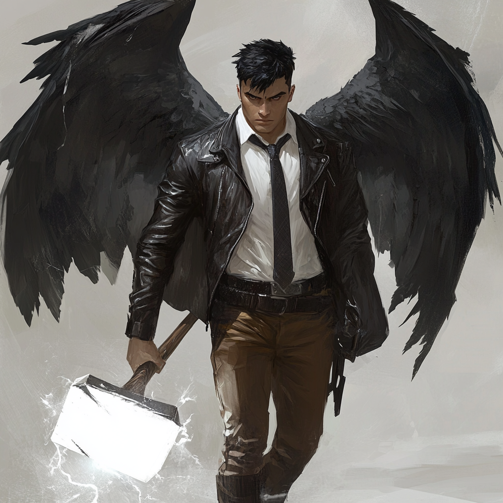 Man in leather jacket, white shirt and tie, khaki pants, dark-haired holding large glowing meteor hammer, huge black raven wings.