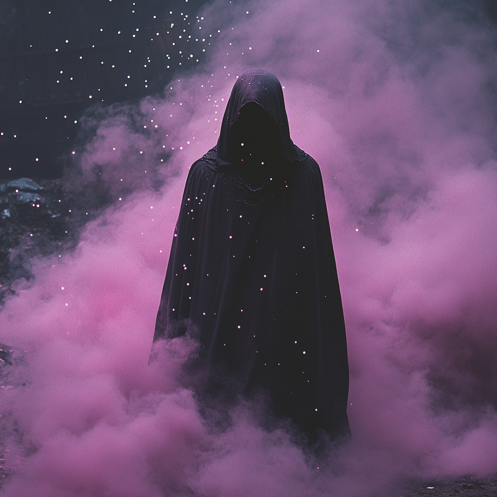 Man in magenta cloak rising into sky, leaving smoke.