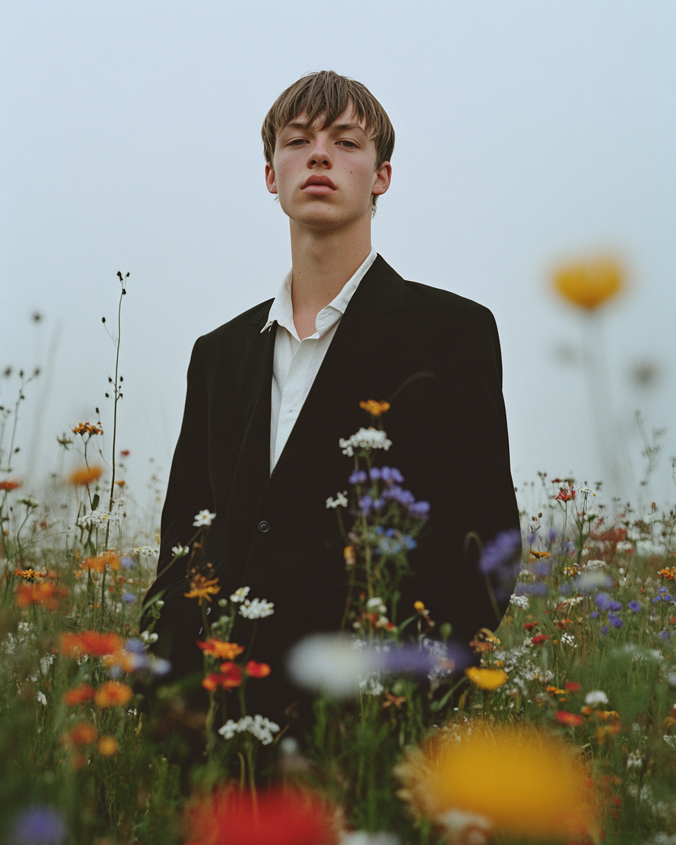 Man in meadow of wildflowers wearing post punk suit.