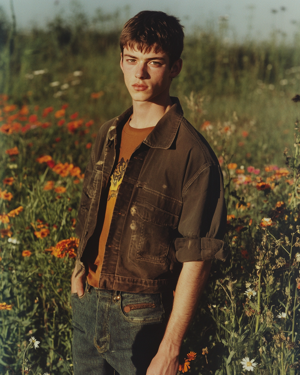 Man in meadow with flowers, post-punk style.