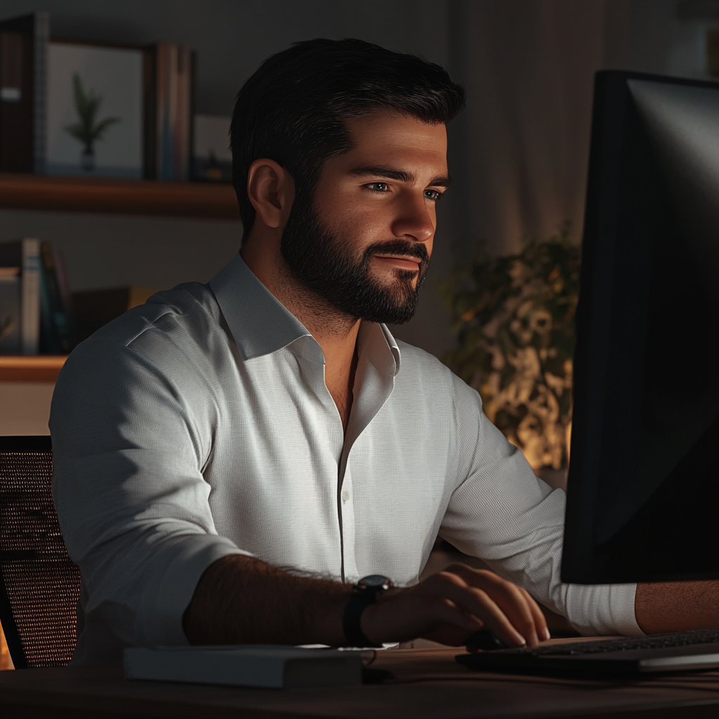 Man in mid 30's planning legacy at computer.