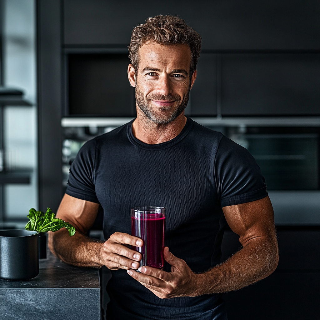 Man in mid-30s in kitchen with beet juice.