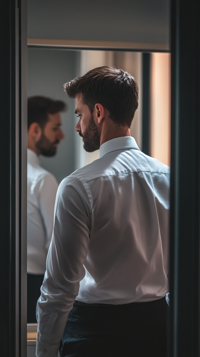 Man in mirror admiring himself, ignoring others in background.