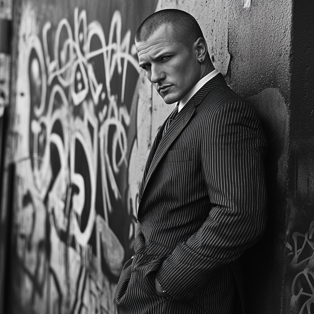 Man in pinstripe suit leaning against graffiti wall.