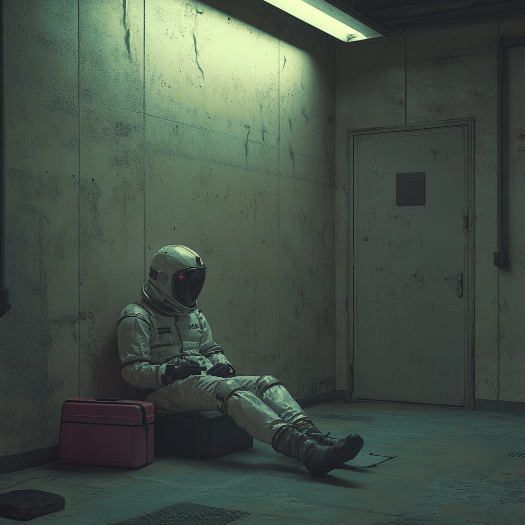 Man in radiation suit losing mind in office space.