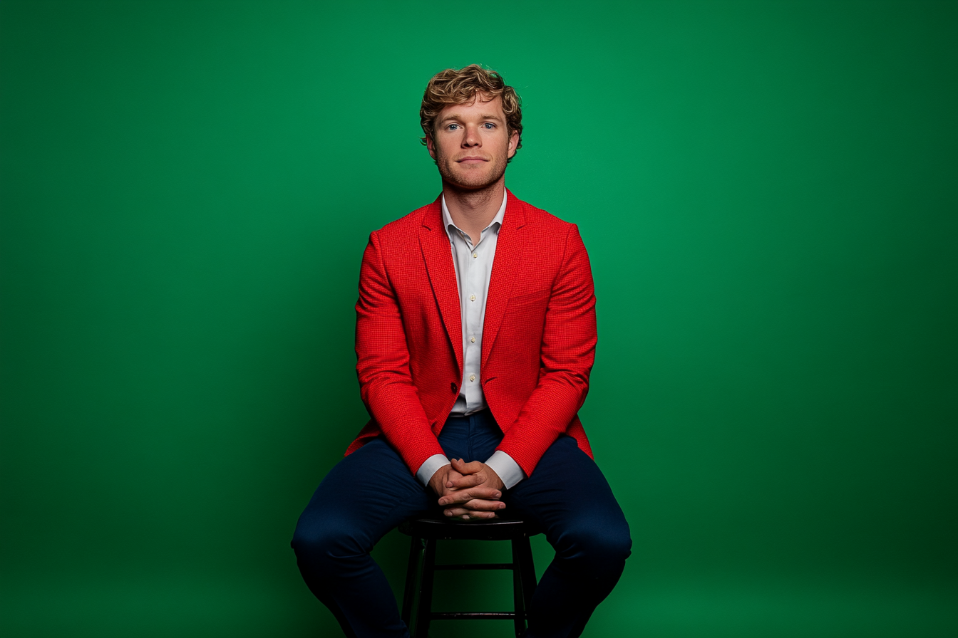 Man in red blazer sitting on iron stool.