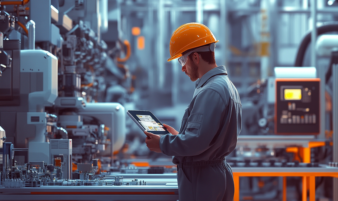 Man in semiconductor factory, wearing safety helmet, holding device.