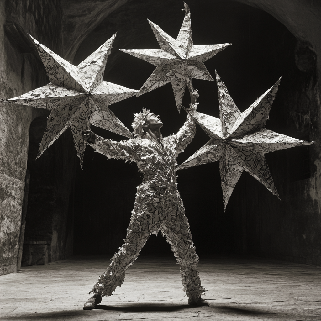 Man in star piñata suit juggling large stars.